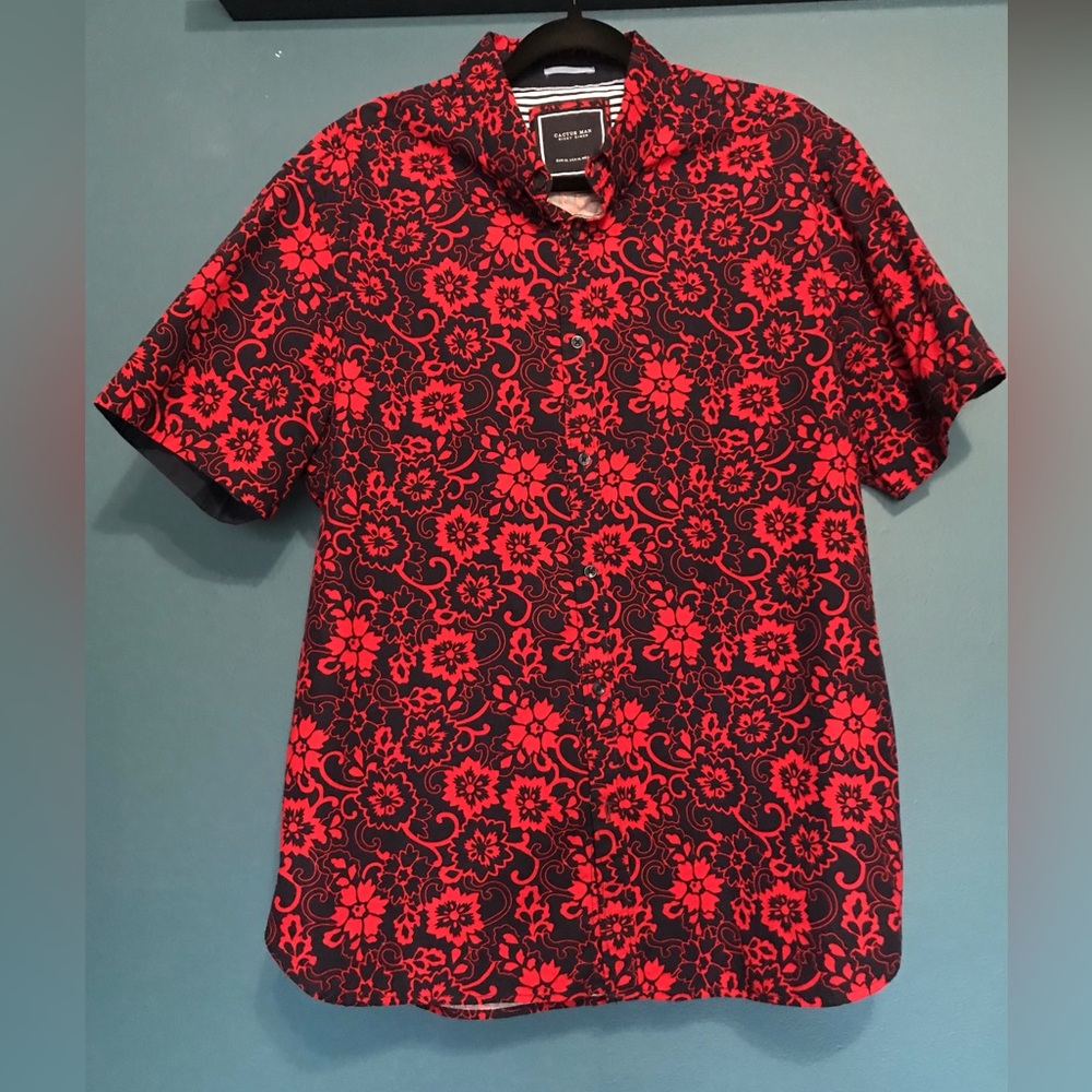 Cactus Red and Black Floral Casual Button Down Shirt